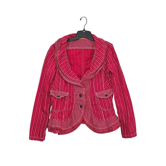 Stefanel Red White Stripped Ruffle Jacket Size 12 Large Button Front 100% Cotton - Picture 1 of 12